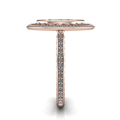Aniyah marquise vintage halo engagement ring in 14K Rose Gold, side profile showing the fully pavé band with milgrain edges and the vintage filigree halo in profile