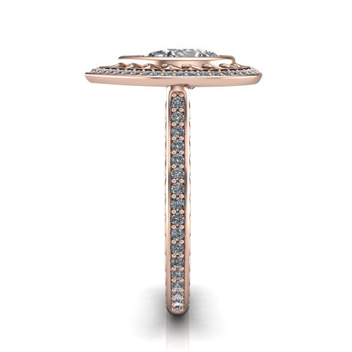 Aniyah pear vintage halo engagement ring in 18K Rose Gold, side profile showing the fully pavé band with milgrain edges and the vintage filigree halo in profile