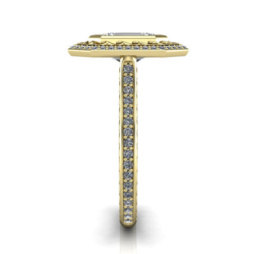 Aniyah emerald vintage halo engagement ring in 14K Yellow Gold, side profile showing the fully pavé band with milgrain edges and the vintage filigree halo in profile
