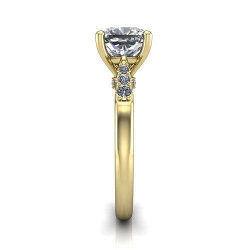 Jimena cushion solitaire engagement ring in 14K Yellow Gold, side profile showing the pavé shoulders, filigree under-gallery, and tapered band