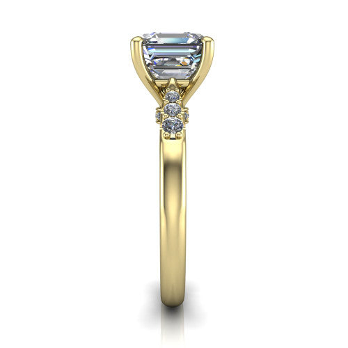 Jimena square emerald solitaire engagement ring in 14K Yellow Gold, side profile showing the pavé shoulders, filigree under-gallery, and tapered band
