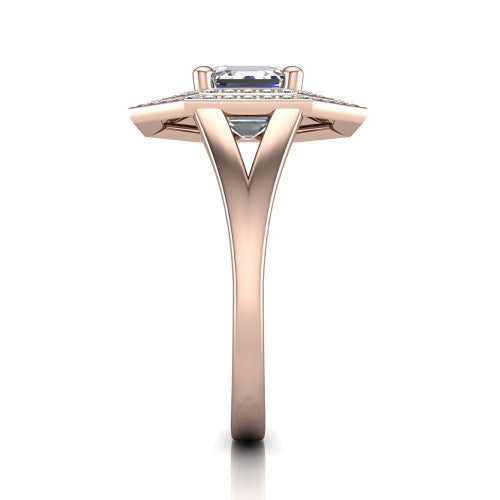 Carolina square emerald double halo engagement ring in 14K Rose Gold, side profile showing the plain polished split shank and the stacked squared double halo in profile