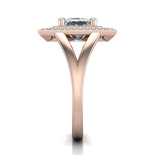 Carolina princess double halo engagement ring in 18K Rose Gold, side profile showing the plain polished split shank and the stacked squared double halo in profile