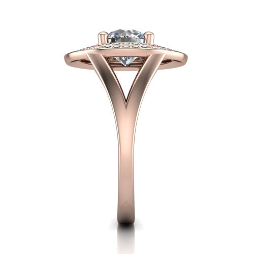 Carolina round double halo engagement ring in 18K Rose Gold, side profile showing the plain polished split shank and the stacked squared double halo in profile