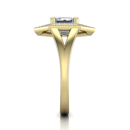 Carolina square emerald double halo engagement ring in 18K Yellow Gold, side profile showing the plain polished split shank and the stacked squared double halo in profile