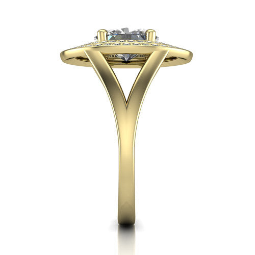 Carolina oval double halo engagement ring in 14K Yellow Gold, side profile showing the plain polished split shank and the stacked squared double halo in profile