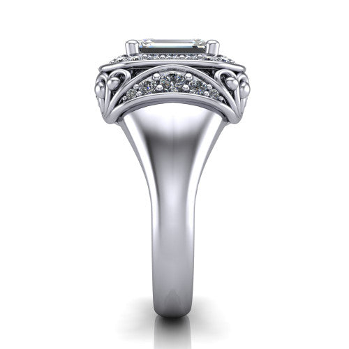 Cassidy emerald vintage halo engagement ring in 18K White Gold, side profile showing the ornate filigree scrollwork, plain polished band, and vintage halo in profile