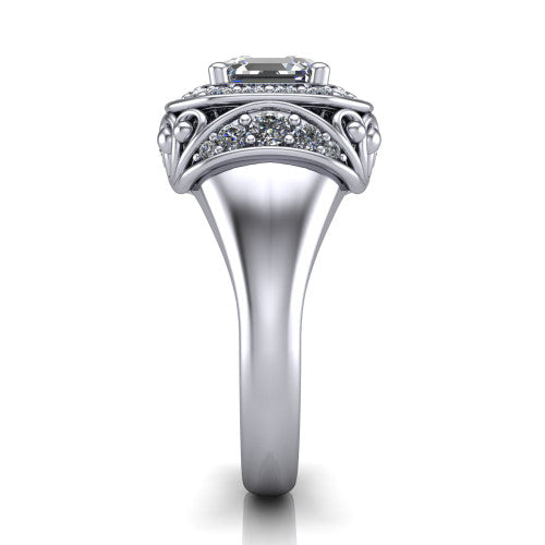 Cassidy square emerald vintage halo engagement ring in Platinum, side profile showing the ornate filigree scrollwork, plain polished band, and vintage halo in profile