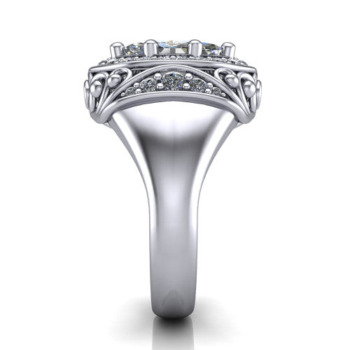 Cassidy marquise vintage halo engagement ring in 14K White Gold, side profile showing the ornate filigree scrollwork, plain polished band, and vintage halo in profile