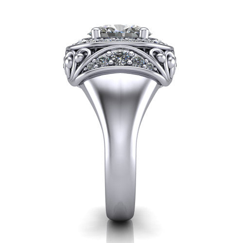 Cassidy oval vintage halo engagement ring in Platinum, side profile showing the ornate filigree scrollwork, plain polished band, and vintage halo in profile