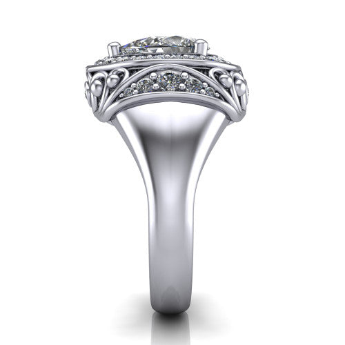 Cassidy pear vintage halo engagement ring in 14K White Gold, side profile showing the ornate filigree scrollwork, plain polished band, and vintage halo in profile