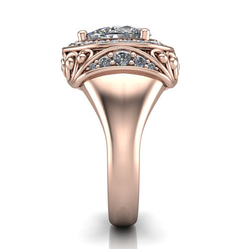 Cassidy pear vintage halo engagement ring in 18K Rose Gold, side profile showing the ornate filigree scrollwork, plain polished band, and vintage halo in profile