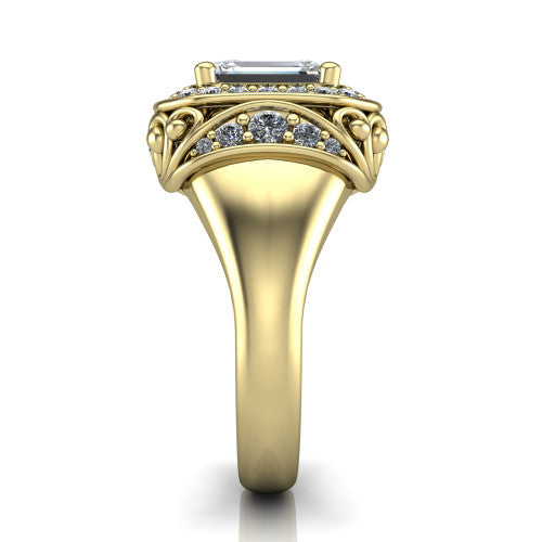 Cassidy emerald vintage halo engagement ring in 14K Yellow Gold, side profile showing the ornate filigree scrollwork, plain polished band, and vintage halo in profile