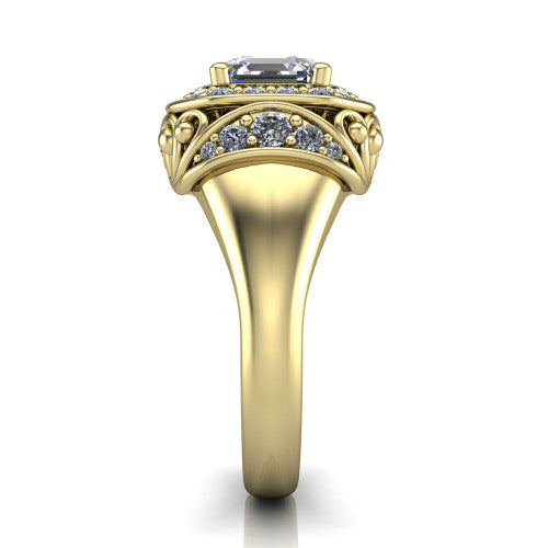 Cassidy square emerald vintage halo engagement ring in 14K Yellow Gold, side profile showing the ornate filigree scrollwork, plain polished band, and vintage halo in profile
