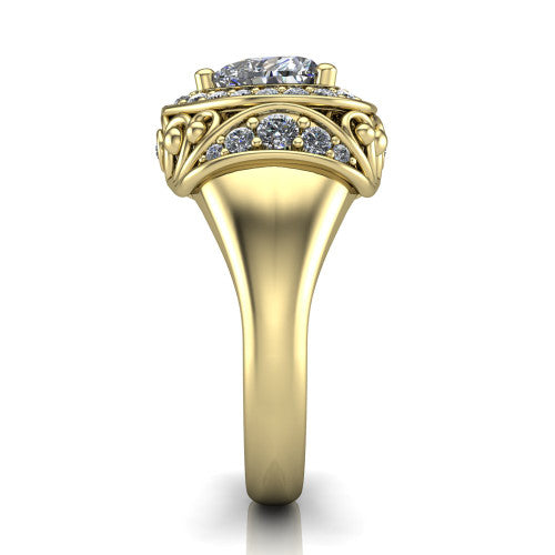 Cassidy heart vintage halo engagement ring in 14K Yellow Gold, side profile showing the ornate filigree scrollwork, plain polished band, and vintage halo in profile