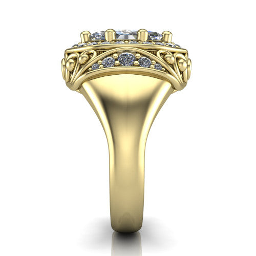 Cassidy marquise vintage halo engagement ring in 14K Yellow Gold, side profile showing the ornate filigree scrollwork, plain polished band, and vintage halo in profile