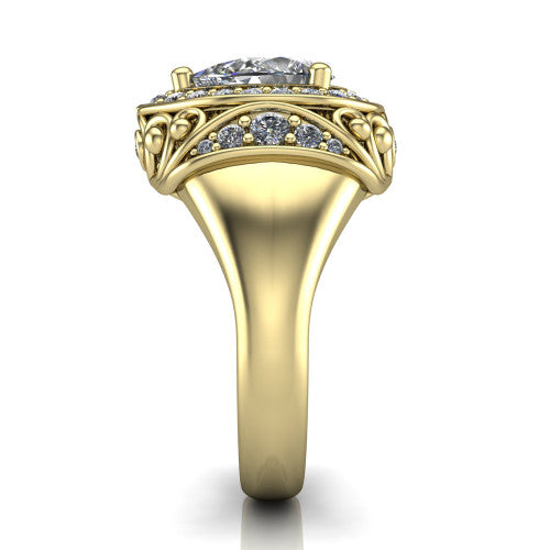 Cassidy pear vintage halo engagement ring in 14K Yellow Gold, side profile showing the ornate filigree scrollwork, plain polished band, and vintage halo in profile