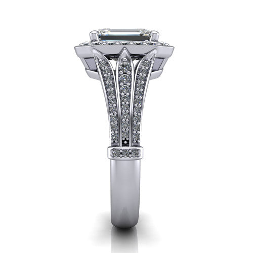 Joy emerald halo engagement ring in 14K White Gold, side profile showing the pavé split shank, ornate diamond-set base, and squared halo in profile