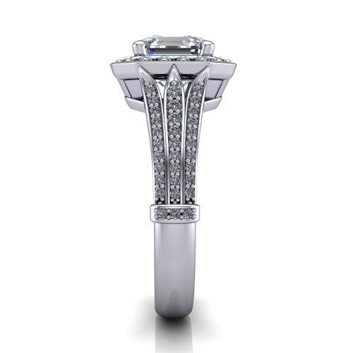 Joy square emerald halo engagement ring in Platinum, side profile showing the pavé split shank, ornate diamond-set base, and squared halo in profile