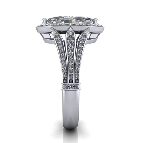 Joy marquise halo engagement ring in Platinum, side profile showing the pavé split shank, ornate diamond-set base, and squared halo in profile