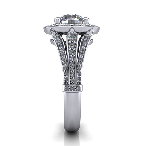 Joy round halo engagement ring in 18K White Gold, side profile showing the pavé split shank, ornate diamond-set base, and squared halo in profile