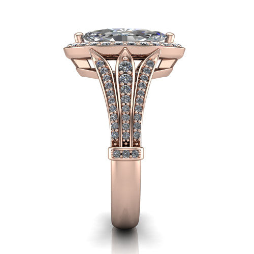 Joy marquise halo engagement ring in 14K Rose Gold, side profile showing the pavé split shank, ornate diamond-set base, and squared halo in profile