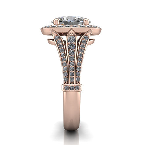 Joy oval halo engagement ring in 18K Rose Gold, side profile showing the pavé split shank, ornate diamond-set base, and squared halo in profile