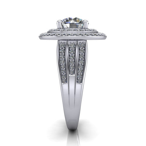 Stephanie round double halo engagement ring in 18K White Gold, side profile showing the pavé split shank and the stacked double halo in profile