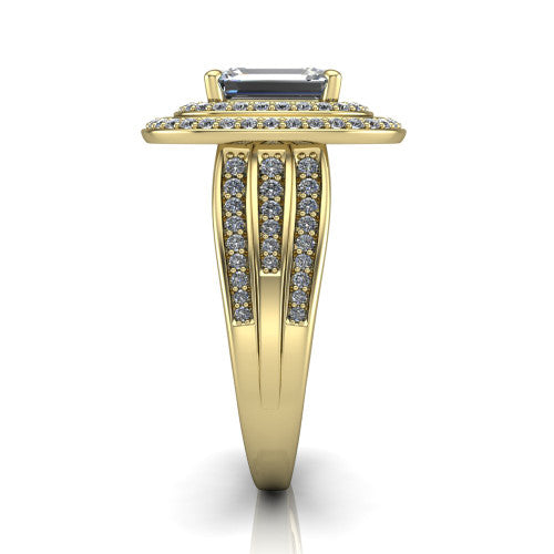 Stephanie emerald double halo engagement ring in 14K Yellow Gold, side profile showing the pavé split shank and the stacked double halo in profile
