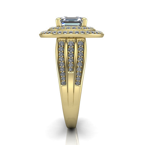 Stephanie square emerald double halo engagement ring in 18K Yellow Gold, side profile showing the pavé split shank and the stacked double halo in profile