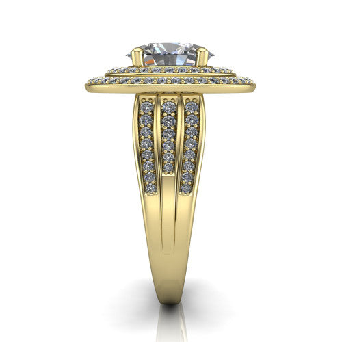 Stephanie oval double halo engagement ring in 18K Yellow Gold, side profile showing the pavé split shank and the stacked double halo in profile