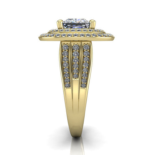 Stephanie princess double halo engagement ring in 18K Yellow Gold, side profile showing the pavé split shank and the stacked double halo in profile