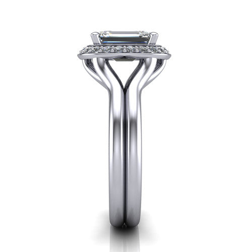 Selah emerald halo engagement ring in 18K White Gold, side profile showing the plain polished split shank rising to the halo and the open under-gallery