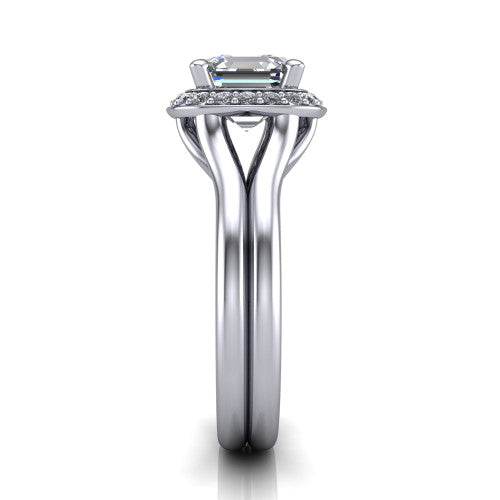 Selah square emerald halo engagement ring in Platinum, side profile showing the plain polished split shank rising to the halo and the open under-gallery