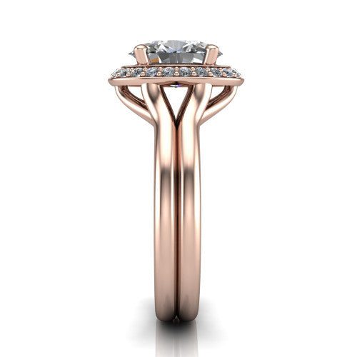 Selah oval halo engagement ring in 14K Rose Gold, side profile showing the plain polished split shank rising to the halo and the open under-gallery