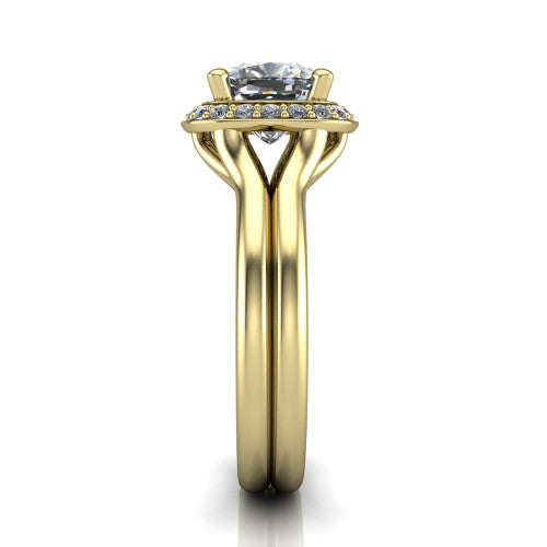 Selah cushion halo engagement ring in 18K Yellow Gold, side profile showing the plain polished split shank rising to the halo and the open under-gallery