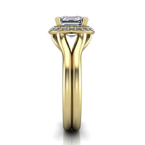 Selah square emerald halo engagement ring in 14K Yellow Gold, side profile showing the plain polished split shank rising to the halo and the open under-gallery