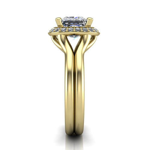 Selah princess halo engagement ring in 18K Yellow Gold, side profile showing the plain polished split shank rising to the halo and the open under-gallery