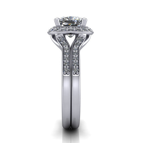 Serena cushion halo engagement ring in 18K White Gold, side profile showing the pavé running down the split shoulders and the cushion halo in profile