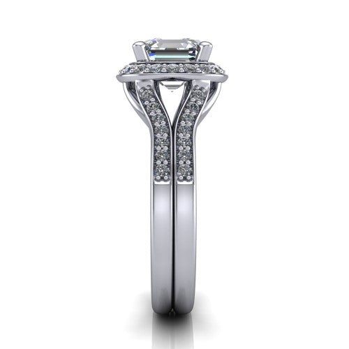 Serena square emerald halo engagement ring in Platinum, side profile showing the pavé running down the split shoulders and the cushion halo in profile