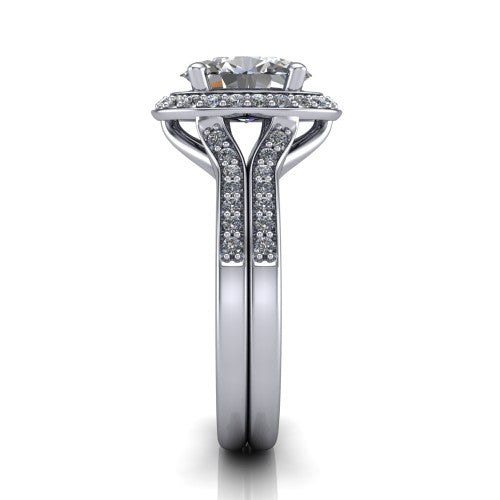 Serena oval halo engagement ring in Platinum, side profile showing the pavé running down the split shoulders and the cushion halo in profile
