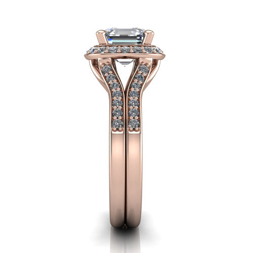 Serena square emerald halo engagement ring in 18K Rose Gold, side profile showing the pavé running down the split shoulders and the cushion halo in profile