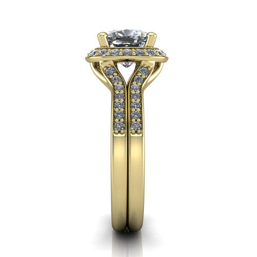 Serena cushion halo engagement ring in 18K Yellow Gold, side profile showing the pavé running down the split shoulders and the cushion halo in profile