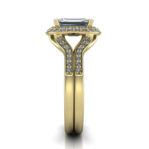 Serena emerald halo engagement ring in 14K Yellow Gold, side profile showing the pavé running down the split shoulders and the cushion halo in profile