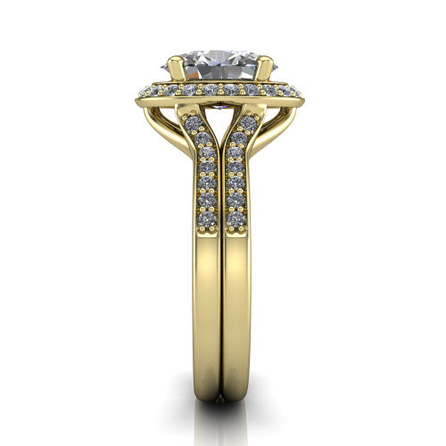 Serena oval halo engagement ring in 18K Yellow Gold, side profile showing the pavé running down the split shoulders and the cushion halo in profile