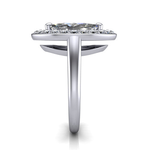 Makenna marquise halo engagement ring in 14K White Gold, side profile showing the plain polished band, cathedral rise, and the single halo in profile