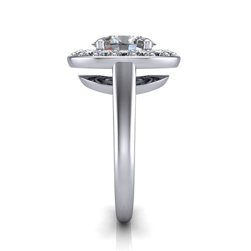 Makenna oval halo engagement ring in 18K White Gold, side profile showing the plain polished band, cathedral rise, and the single halo in profile