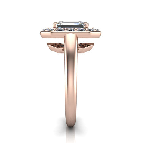 Makenna emerald halo engagement ring in 14K Rose Gold, side profile showing the plain polished band, cathedral rise, and the single halo in profile