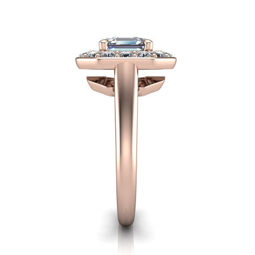 Makenna square emerald halo engagement ring in 18K Rose Gold, side profile showing the plain polished band, cathedral rise, and the single halo in profile