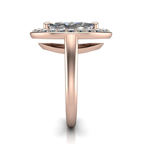 Makenna marquise halo engagement ring in 14K Rose Gold, side profile showing the plain polished band, cathedral rise, and the single halo in profile